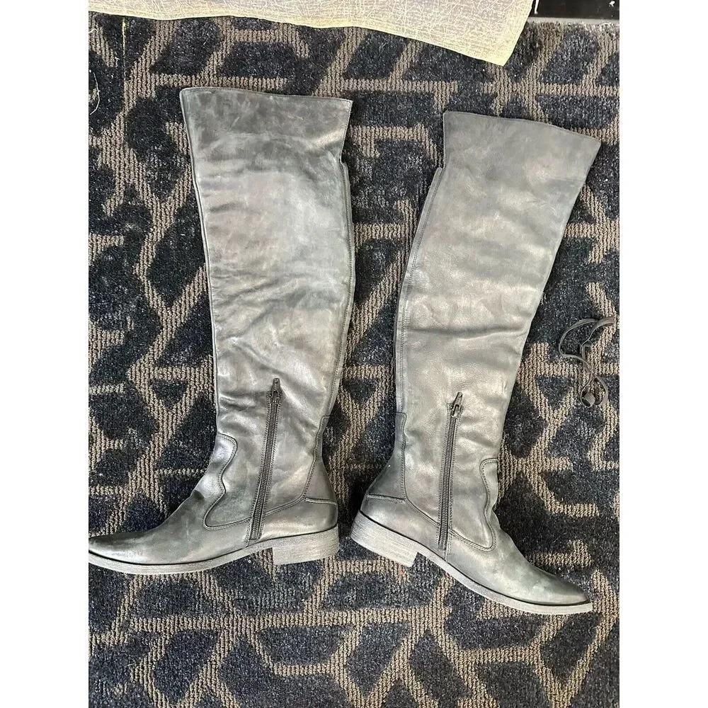 Free People Brenna Over The Knee Natural Black Leather Boots Size 37